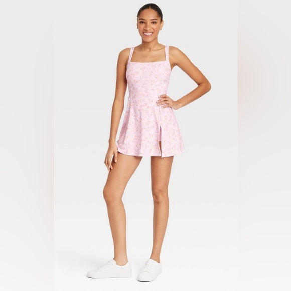 JoyLab Dresses & Skirts - Women's JoyLab Knit Squareneck Slit Active Dress Pink Floral Print BuiltIn Short